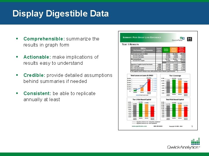 Display Digestible Data § Comprehensible: summarize the results in graph form § Actionable: make