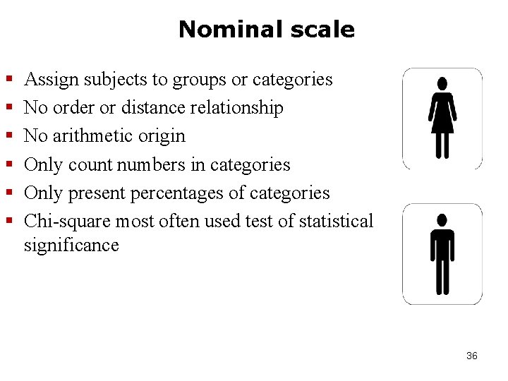 Nominal scale § § § Assign subjects to groups or categories No order or