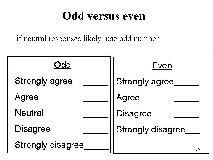 Odd versus even if neutral responses likely, use odd number Odd Even Strongly agree