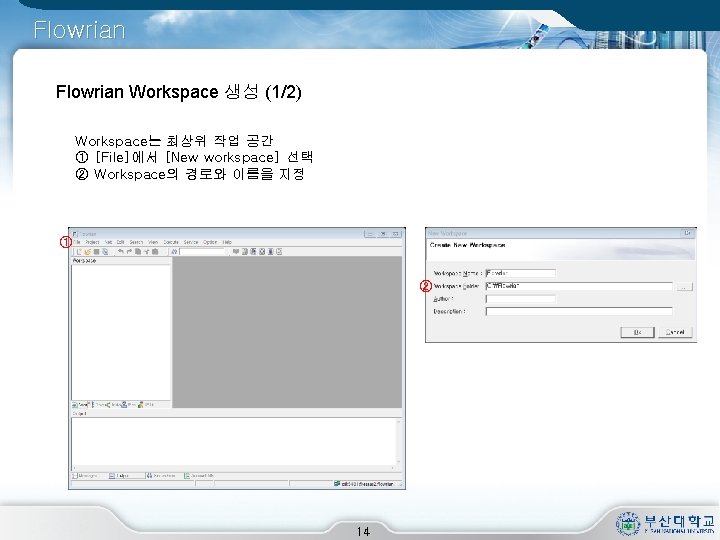 Flowrian Workspace 생성 (1/2) Workspace는 최상위 작업 공간 ① [File]에서 [New workspace] 선택 ②