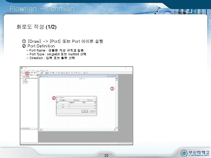 Flowrian - Schmian 회로도 작성 (1/2) ① [Draw] -> [Port] 또는 Port 아이콘 실행