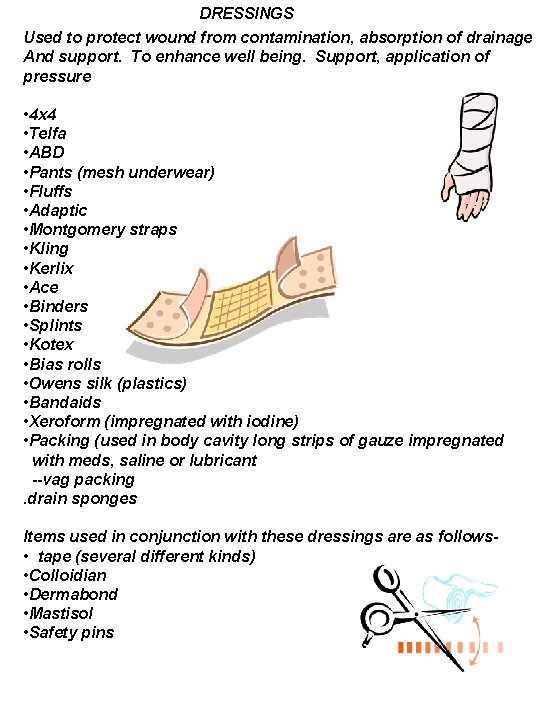 DRESSINGS Used to protect wound from contamination, absorption of drainage And support. To enhance