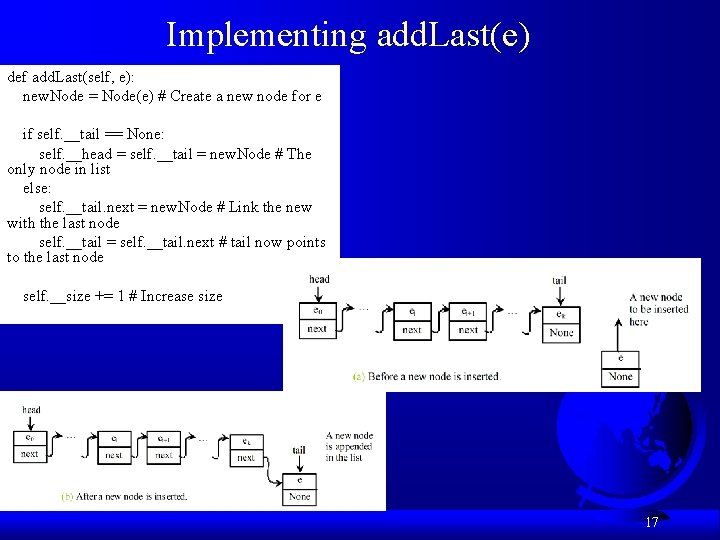 Implementing add. Last(e) def add. Last(self, e): new. Node = Node(e) # Create a