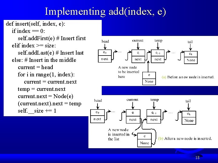 Implementing add(index, e) def insert(self, index, e): if index == 0: self. add. First(e)
