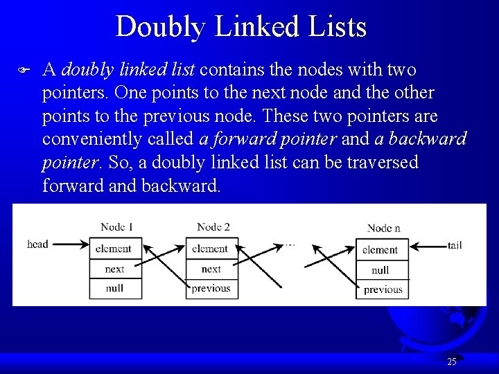 Doubly Linked Lists F A doubly linked list contains the nodes with two pointers.