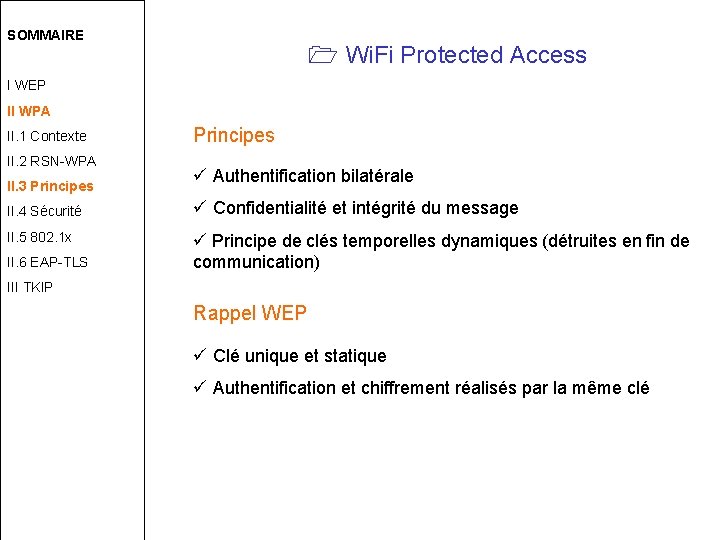 SOMMAIRE Wi. Fi Protected Access I WEP II WPA II. 1 Contexte II. 2