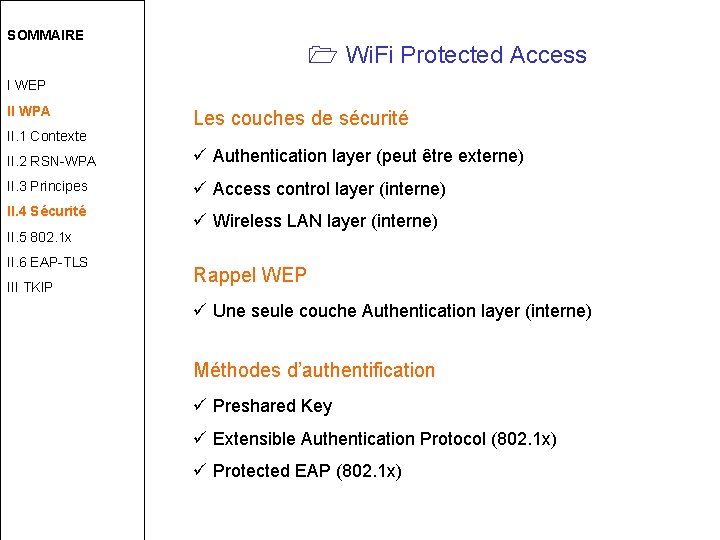 SOMMAIRE Wi. Fi Protected Access I WEP II WPA II. 1 Contexte Les couches