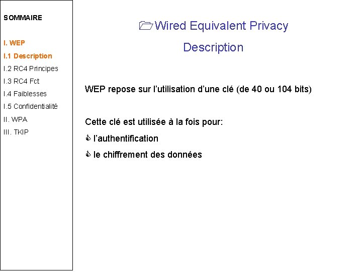 SOMMAIRE Wired Equivalent Privacy I. WEP Description I. 1 Description I. 2 RC 4