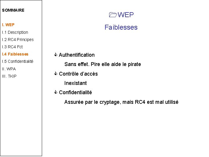 SOMMAIRE WEP I. WEP Faiblesses I. 1 Description I. 2 RC 4 Principes I.