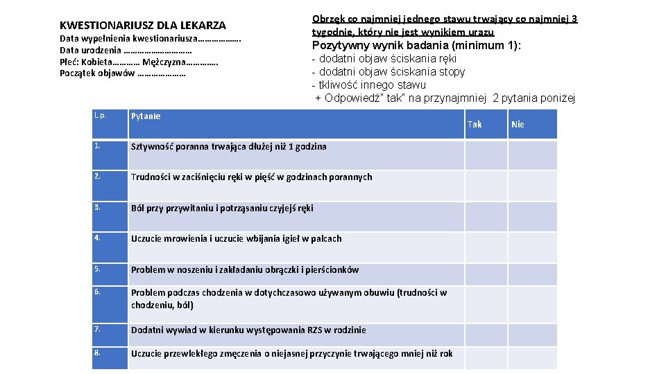 KWESTIONARIUSZ DLA LEKARZA Data wypełnienia kwestionariusza………………. Data urodzenia …………… Płeć: Kobieta………… Mężczyzna…………. . KWESTIONARIUSZ DLA LEKARZA Data wypełnienia kwestionariusza………………. Data urodzenia …………… Płeć: Kobieta………… Mężczyzna…………. .