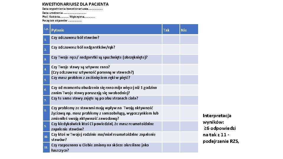KWESTIONARIUISZ DLA PACJENTA Data wypełnienia kwestionariusza………………. Data urodzenia …………… Płeć: Kobieta………… Mężczyzna…………. . Początek KWESTIONARIUISZ DLA PACJENTA Data wypełnienia kwestionariusza………………. Data urodzenia …………… Płeć: Kobieta………… Mężczyzna…………. . Początek