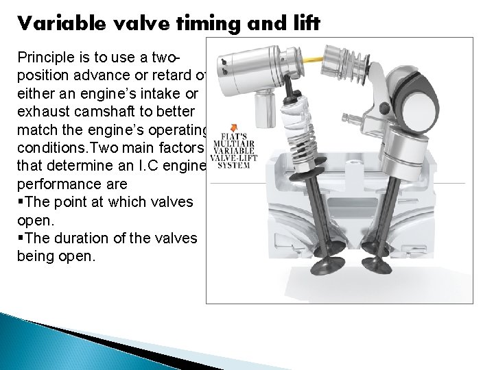 Variable valve timing and lift Principle is to use a twoposition advance or retard