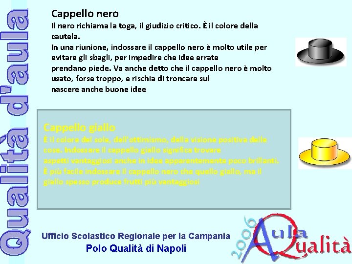 Cappello nero Il nero richiama la toga, il giudizio critico. È il colore della