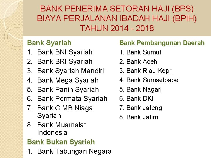 BANK PENERIMA SETORAN HAJI (BPS) BIAYA PERJALANAN IBADAH HAJI (BPIH) TAHUN 2014 - 2018