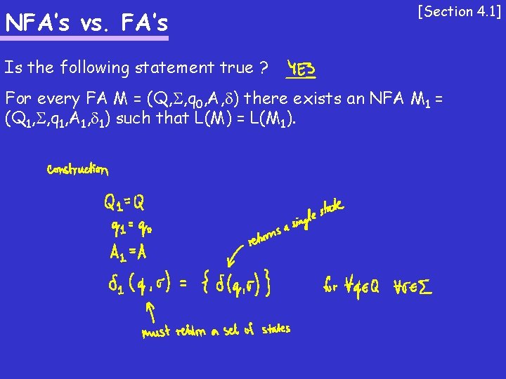 NFA’s vs. FA’s [Section 4. 1] Is the following statement true ? For every