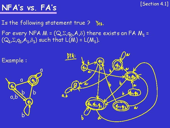 NFA’s vs. FA’s [Section 4. 1] Is the following statement true ? For every