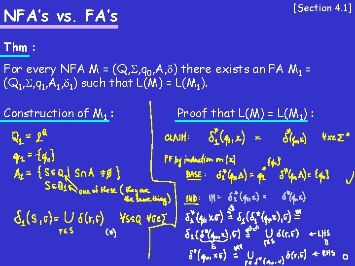 NFA’s vs. FA’s [Section 4. 1] Thm : For every NFA M = (Q,