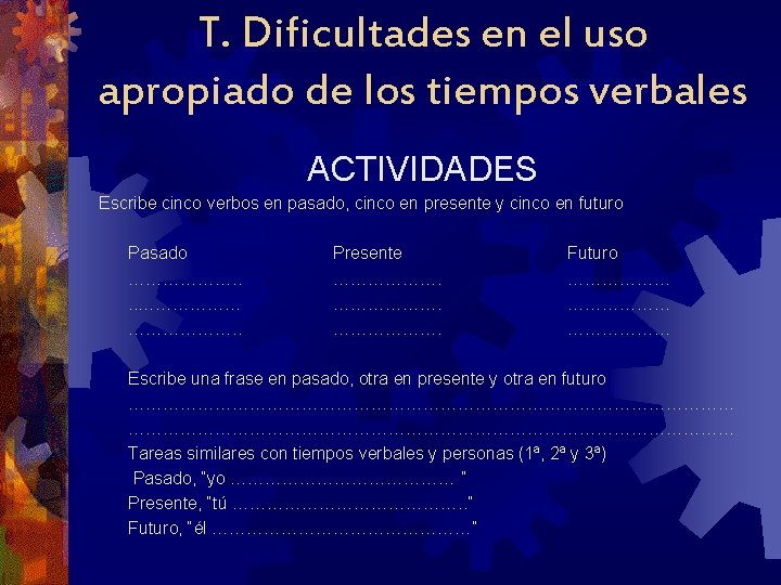 T. Dificultades en el uso apropiado de los tiempos verbales ACTIVIDADES Escribe cinco verbos