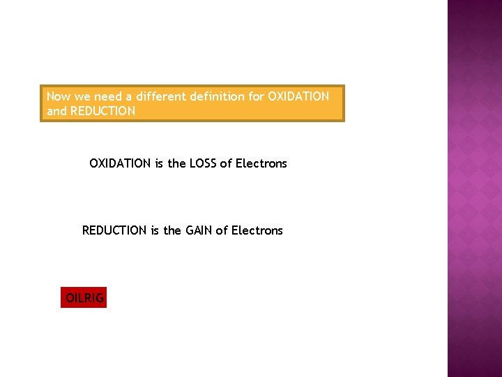 Now we need a different definition for OXIDATION and REDUCTION OXIDATION is the LOSS