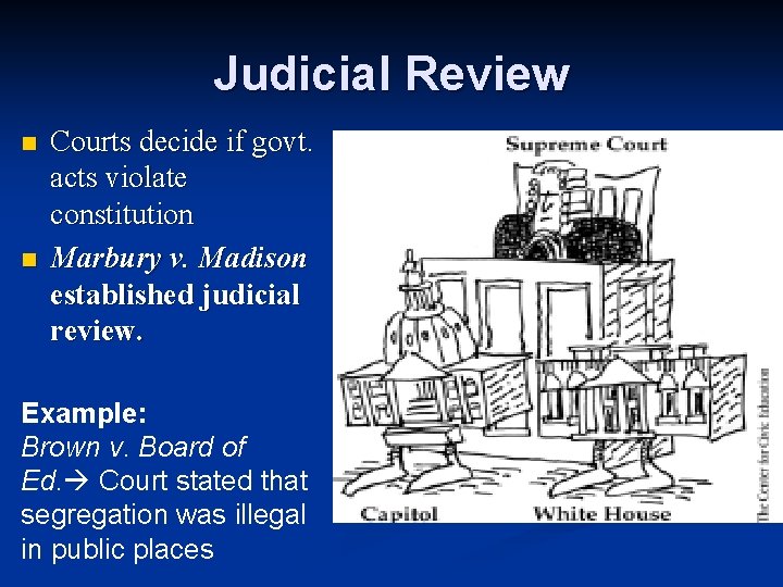 Judicial Review n n Courts decide if govt. acts violate constitution Marbury v. Madison Judicial Review n n Courts decide if govt. acts violate constitution Marbury v. Madison