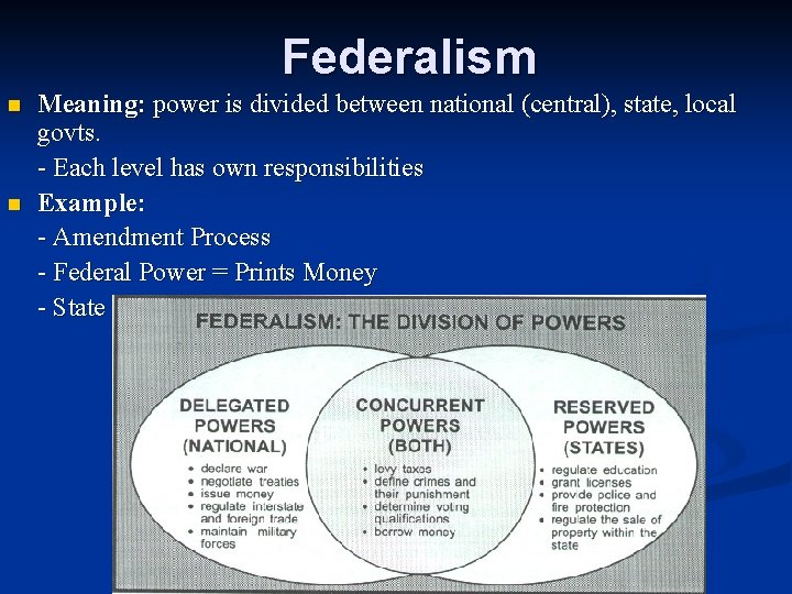 Federalism n n Meaning: power is divided between national (central), state, local govts. - Federalism n n Meaning: power is divided between national (central), state, local govts. -