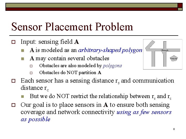 Sensor Placement Problem o Input: sensing field A n n A is modeled as