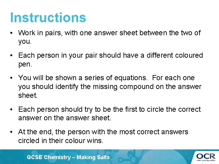 Instructions • Work in pairs, with one answer sheet between the two of you.