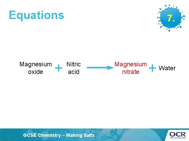 Equations Magnesium oxide + 7. Nitric acid GCSE Chemistry – Making Salts Magnesium nitrate