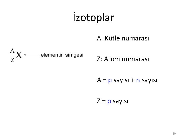 İzotoplar A: Kütle numarası Z: Atom numarası A = p sayısı + n sayısı İzotoplar A: Kütle numarası Z: Atom numarası A = p sayısı + n sayısı