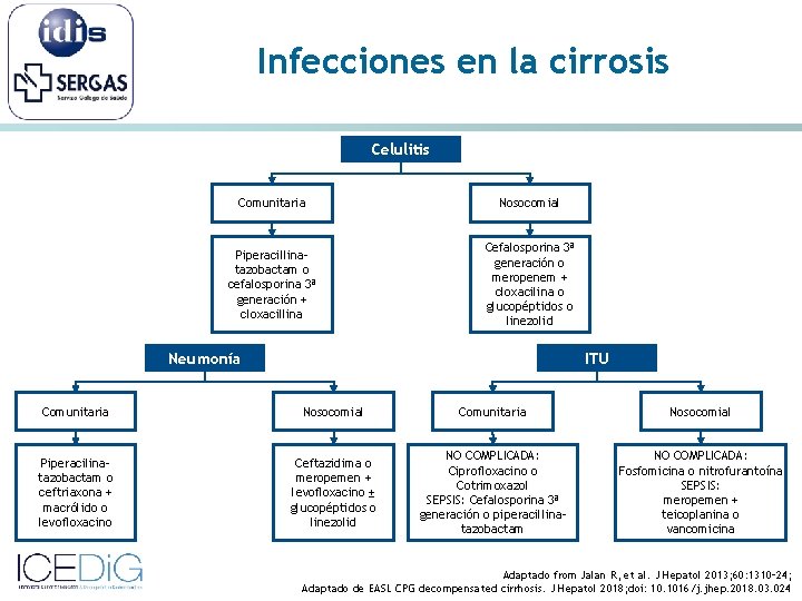 Infecciones en la cirrosis Celulitis Comunitaria Nosocomial Piperacillinatazobactam o cefalosporina 3ª generación + cloxacillina