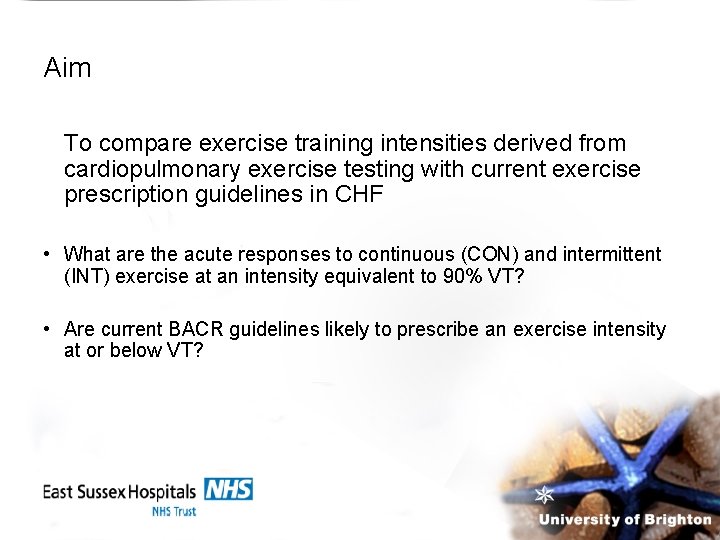 Aim To compare exercise training intensities derived from cardiopulmonary exercise testing with current exercise