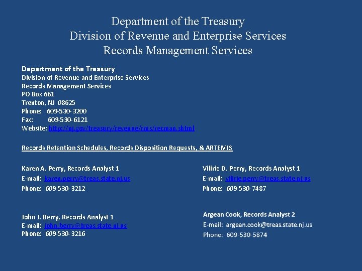 Department of the Treasury Division of Revenue and Enterprise Services Records Management Services PO