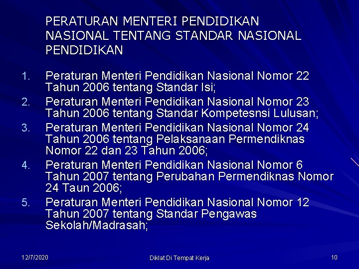 PERATURAN MENTERI PENDIDIKAN NASIONAL TENTANG STANDAR NASIONAL PENDIDIKAN 1. 2. 3. 4. 5. Peraturan
