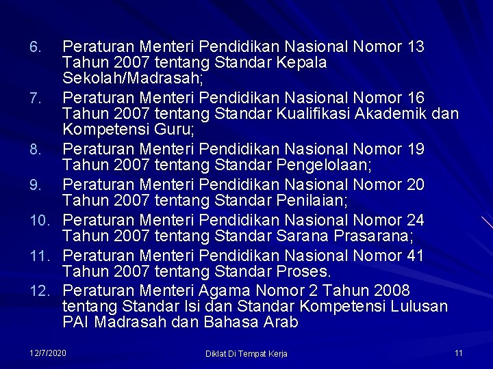 Peraturan Menteri Pendidikan Nasional Nomor 13 Tahun 2007 tentang Standar Kepala Sekolah/Madrasah; 7. Peraturan