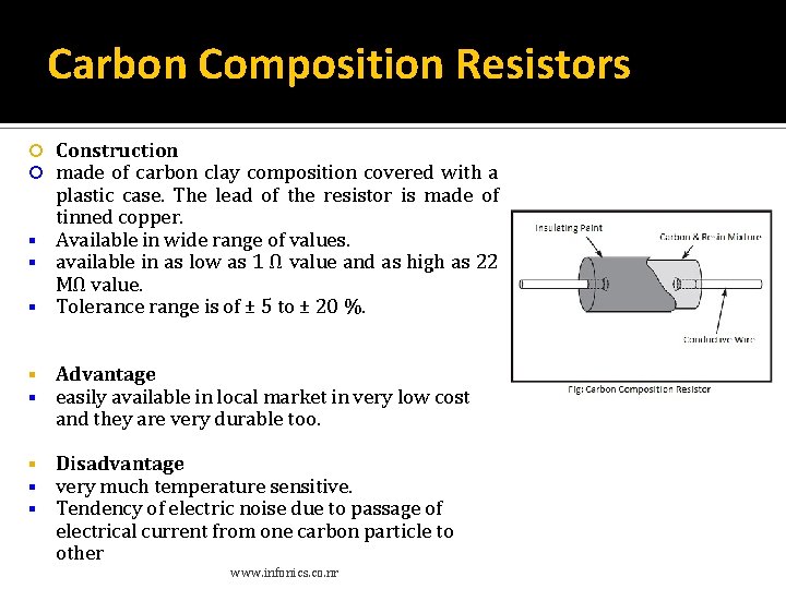 Carbon Composition Resistors Construction made of carbon clay composition covered with a plastic case. Carbon Composition Resistors Construction made of carbon clay composition covered with a plastic case.