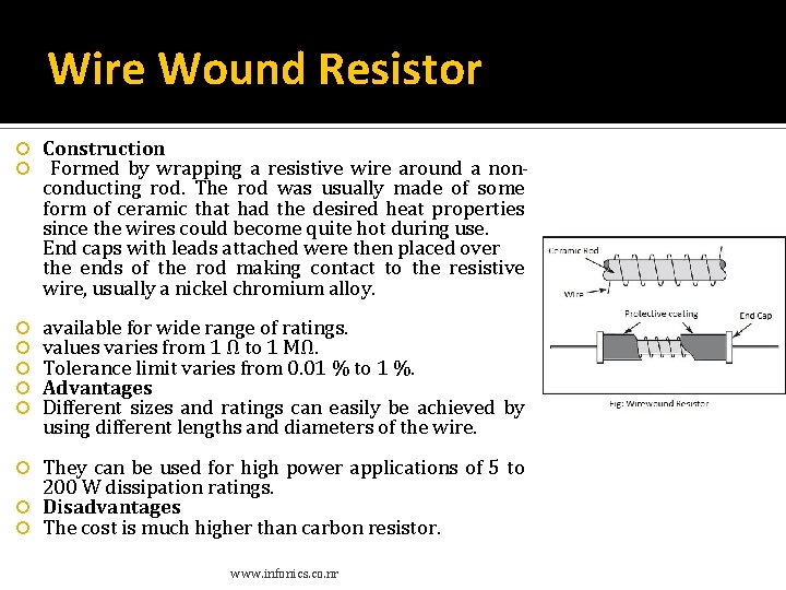 Wire Wound Resistor Construction Formed by wrapping a resistive wire around a nonconducting rod. Wire Wound Resistor Construction Formed by wrapping a resistive wire around a nonconducting rod.