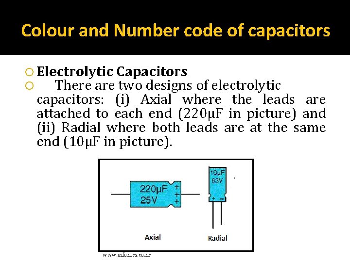 Colour and Number code of capacitors Electrolytic Capacitors There are two designs of electrolytic Colour and Number code of capacitors Electrolytic Capacitors There are two designs of electrolytic