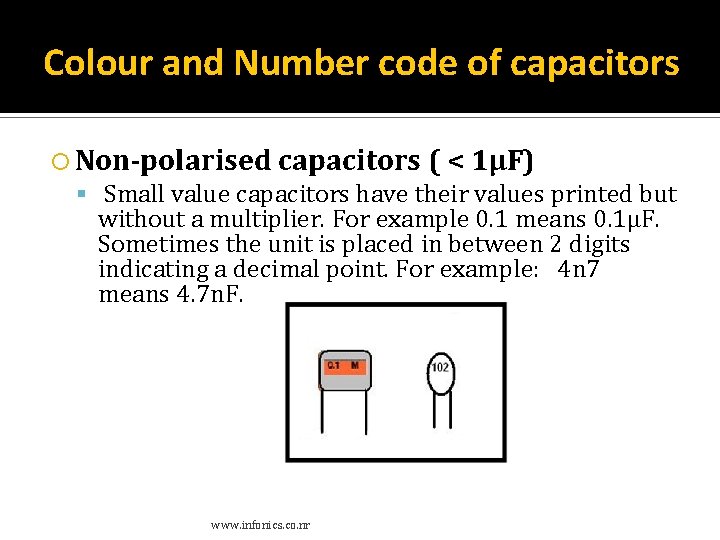 Colour and Number code of capacitors Non-polarised capacitors ( < 1µF) Small value capacitors Colour and Number code of capacitors Non-polarised capacitors ( < 1µF) Small value capacitors