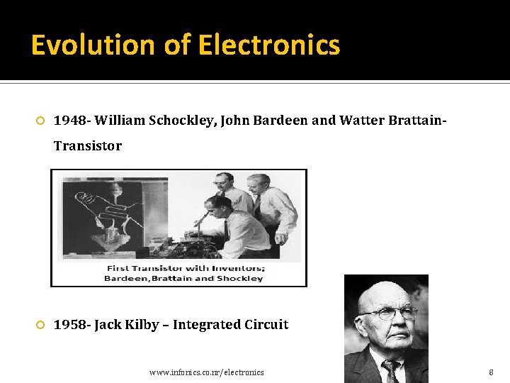 Evolution of Electronics 1948 - William Schockley, John Bardeen and Watter Brattain- Transistor 1958 Evolution of Electronics 1948 - William Schockley, John Bardeen and Watter Brattain- Transistor 1958