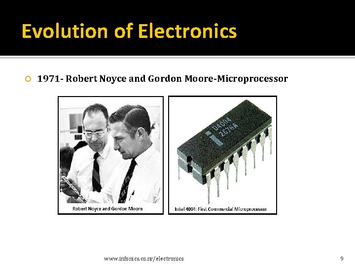 Evolution of Electronics 1971 - Robert Noyce and Gordon Moore-Microprocessor www. infonics. co. nr/electronics Evolution of Electronics 1971 - Robert Noyce and Gordon Moore-Microprocessor www. infonics. co. nr/electronics