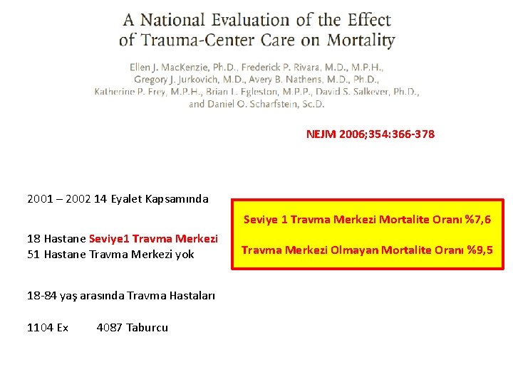 NEJM 2006; 354: 366 -378 2001 – 2002 14 Eyalet Kapsamında Seviye 1 Travma