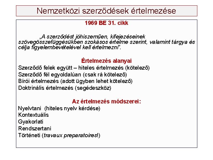 Nemzetközi szerződések értelmezése 1969 BE 31. cikk „A szerződést jóhiszeműen, kifejezéseinek szövegösszefüggésükben szokásos értelme