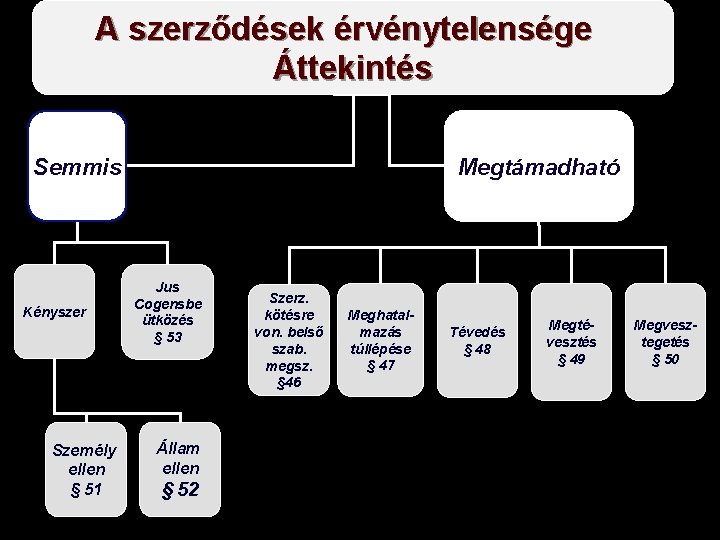 A szerződések érvénytelensége Áttekintés Semmis Kényszer Személy ellen § 51 Megtámadható Jus Cogensbe ütközés