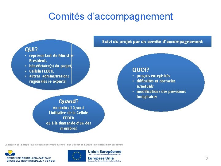 Comités d’accompagnement Suivi du projet par un comité d’accompagnement QUI? • représentant du Ministre.