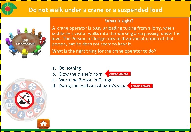 Do not walk under a crane or a suspended load What is right? A