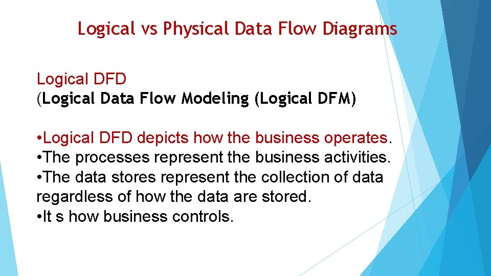 Logical vs Physical Data Flow Diagrams Logical DFD (Logical Data Flow Modeling (Logical DFM)