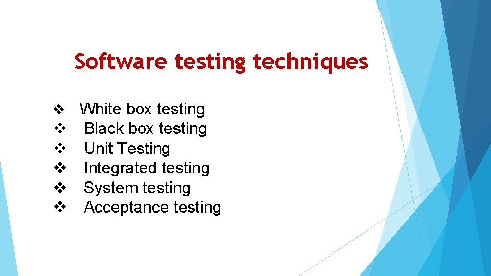 Software testing techniques White box testing Black box testing Unit Testing Integrated testing System
