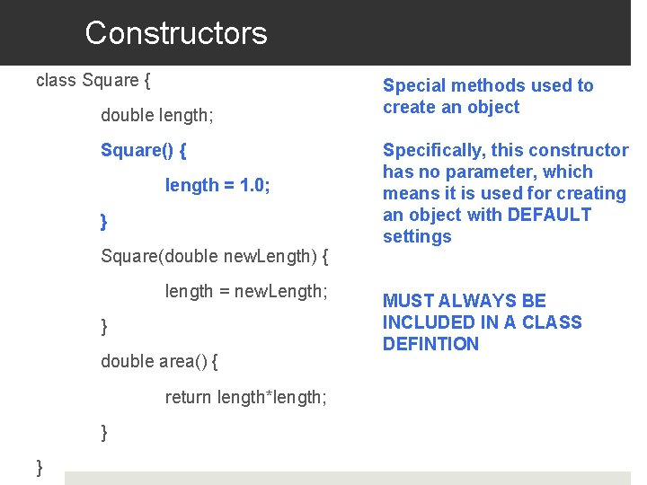 Constructors class Square { double length; Square() { length = 1. 0; } Square(double