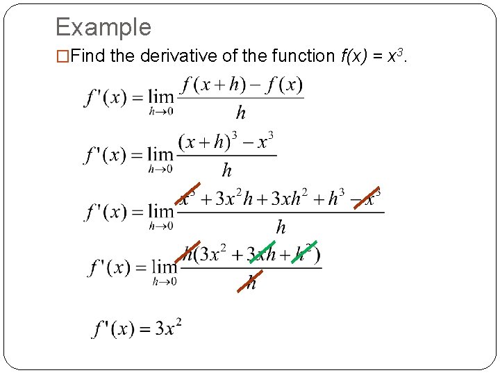 Example �Find the derivative of the function f(x) = x 3. 