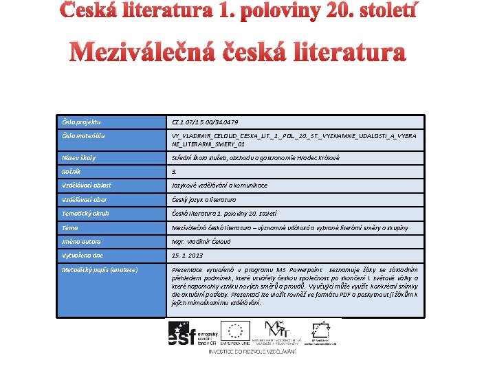 Česká literatura 1. poloviny 20. století Meziválečná česká literatura Číslo projektu CZ. 1. 07/1.